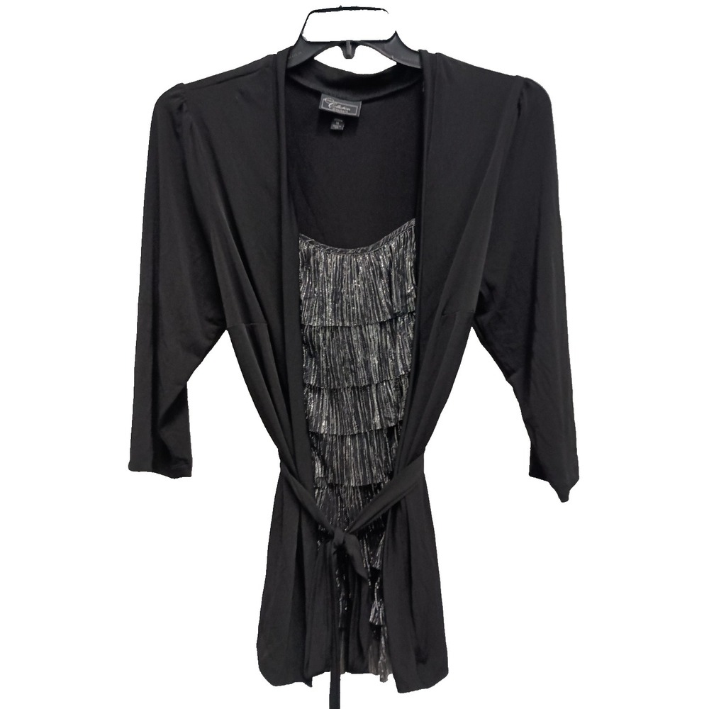 Y2K‎ Dressbarn Collection Top Womens 1X Black Metallic Ruffle 3/4 Sleeve Holiday